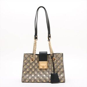 Gucci GG Supreme Padlock Small PVCx leather Chain Shoulder Bag Beige x black 498